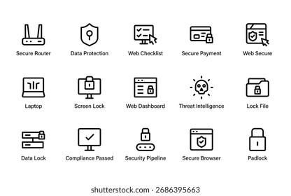 Conjunto de íconos de seguridad de datos y protección de privacidad de Profesional con bloqueo, navegador seguro, conformidad y Elementos de protección cibernética para plataformas digitales.
