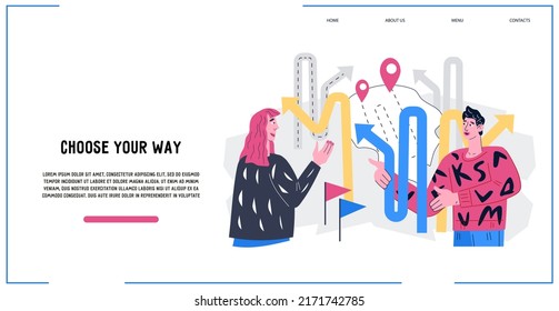 Decisión profesional y elección del concepto de la forma de uso del sitio web. Solución alternativa y oportunidad para el desarrollo, desafío comercial y estrategia de carrera, vector plano. Mochila de aterrizaje de página web.