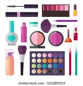 Professional decorative cosmetics set. Black mascara, bright eyeshadows, pink blushers, skin foundation, and colorful eyeliners vector illustrations.