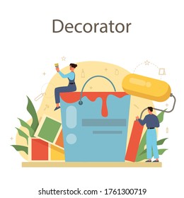 Professional decorator concept. Designer planning the design of a room, choosing wall color and furniture style. House renovation. Isolated flat vector illustration