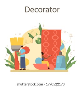 Professional decorator concept. Designer planning the design of a room, choosing wall color and furniture style. House renovation. Isolated flat vector illustration