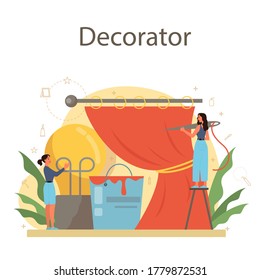 Professional decorator concept. Designer planning the design of a room, choosing wall color and furniture style. House renovation. Isolated flat vector illustration