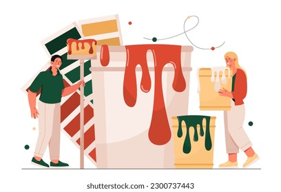 Professional decorator concept. Women with brush near buckets of paint. Builders and painters with inventory. Renovation, construction at house or apartment. Cartoon flat vector illustration