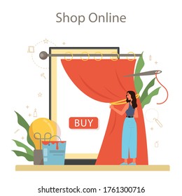 Professional decorator online service or platform. Designer planning the design of a room, choosing wall color and furniture style. Online store. Vector illustration