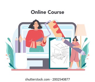 Professional decorator online service or platform. Designer planning the design of a room, choosing wall color and furniture style. Online course. Flat vector illustration