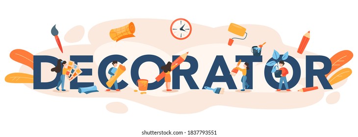 Professional decorator typographic header. Designer planning the design of a room, choosing wall color and furniture style. House renovation. Isolated flat vector illustration