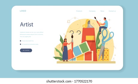 Professional decorator web banner or landing page. Designer planning the design of a room, choosing wall color and furniture style. House renovation. Isolated flat vector illustration