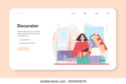 Banner web profesional decorador o página de inicio. Diseñador planificando el diseño de una habitación, eligiendo el color de la pared y el estilo del mobiliario. Renovación de la casa. Ilustración vectorial plana aislada