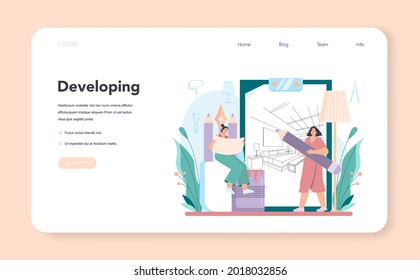 Professional decorator web banner or landing page. Designer planning the design of a room, choosing wall color and furniture style. House renovation. Isolated flat vector illustration