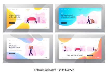 Professional Delivery Company Loader Service Website Landing Page Set. Workers in Uniform Carry Boxes and Furniture. Relocation and Moving to New House Web Page Banner Cartoon Flat Vector Illustration