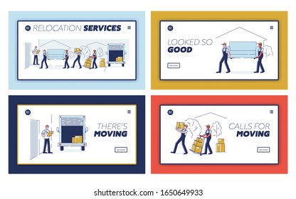 Página de inicio del sitio web del servicio de cargador de empresa de entrega profesional. Traslado y mudanza a casa nueva, los trabajadores cargan cajas y el banner de la página web de muebles. Ilustración de vectores planos de caricatura, arte de línea