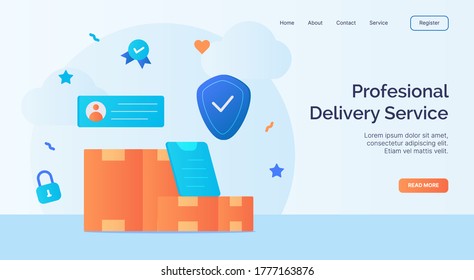 Professional delivery service package box icon campaign for web website home homepage landing template banner with cartoon flat style.