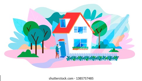 Professional Delivery Service Vector Flat Cartoon Postal Courier in Uniform with Mailbag Knocking House Door Delivering Parcel Postman outside Countryside Landscape Illustration Mail Company Postcard