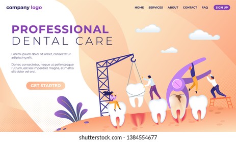 Professional Dental Care Lettering Flat Banner. Man Turns Tooth on Crane. People Remove Bad Tooth with Forceps. Cleaning and Polishing Teeth. Vector Illustration Landing Page. Healthy Dentistry.