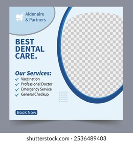 Una Plantilla de servicio de atención dental profesional con un moderno tema azul, personalizable para clínicas. Ideal para la promoción de servicios dentales.