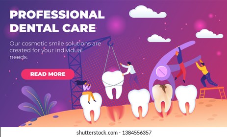 Professional Dental Care Vector Illustration. Necessary Professional Service, Teeth Whitening, Helping to Reduce and Remove Staining from External Surfaces Teeth. Landing Page Lettering.