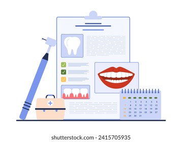 Professional dental checkup planning. Calendar reminder to plan visit to dentist for healthy smile care and teeth health consultation, orthodontic treatment in clinic cartoon vector illustration