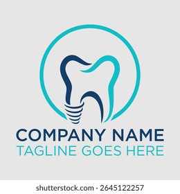 Design de logotipo profissional da clínica dentária com um dente estilizado com elementos de implante, perfeito para dentistas, ortodontistas, centros de implante dentário e marcas de cuidados orais.