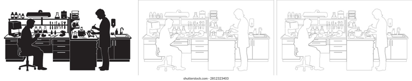 Professional dental lab technicians crafting prosthetic devices at work stations using specialized dentistry equipment in modern clinical facility environment.