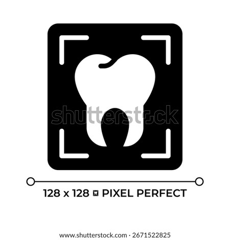 Professional dental services pixel perfect glyph solid icon. Tooth xray. Cosmetic dentistry, teeth whitening. Black silhouette symbol on negative space. Vector isolated illustration