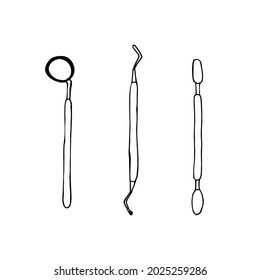 Professional dental tools set for dental examination in doodle style. Set for Dentistry Inspection. Isolated on white background. Dental Oral Care Stainless Steel Tools.