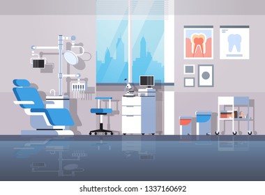 professional dentist chair and tools dental roomr cabinet tooth care concept modern clinic office interior flat horizontal