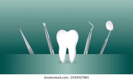 Professional dentist equipment and a tooth. Dentistry concept vector illustration. Medical dentist tool. Healthcare, hygiene Concept. Dental background. 