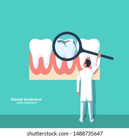 Professional dentist examines a bad tooth. Stamatologic concept. Vector illustration flat design. Isolated on background. Damaged tooth with a hole. Teeth examination dentistry concept.