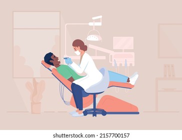 Professional dentist examining client teeth at appointment flat color vector illustration. Doctor and patient in clinic 2D simple cartoon characters with hospital interior on background