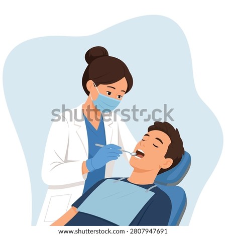 Professional dentist treating a patient's teeth in a modern dental clinic, flat vector illustration of a dental examination and oral care procedure, ideal for healthcare, dentistry, medical services, hygiene, and clinic-related projects