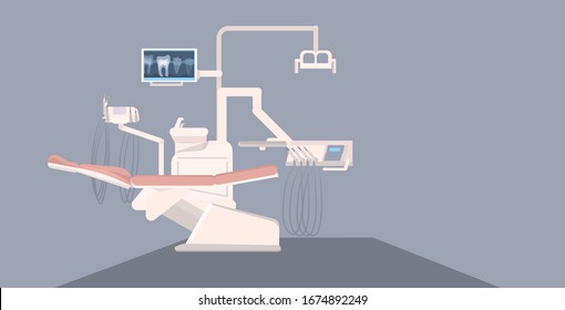 professional dentist workplace chair dental clinic equipment medicine tooth care concept horizontal vector illustration