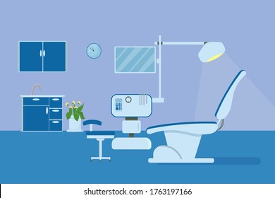 professional dentist workplace chair and tools dental room cabinet tooth care concept modern clinic office interior stock vector illustration.