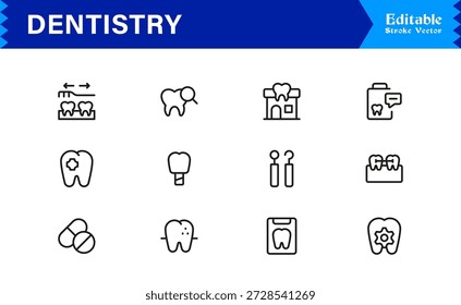 Professional Dentistry Line Icon Set with Modern Minimal Design, Editable Pixel Perfect Dental Symbols, Unique Oral Care and Medical Vector Icons for Healthcare Industry