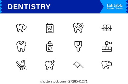Professional Dentistry Line Icon Set with Modern Minimal Design, Editable Pixel Perfect Dental Symbols, Unique Oral Care and Medical Vector Icons for Healthcare Industry