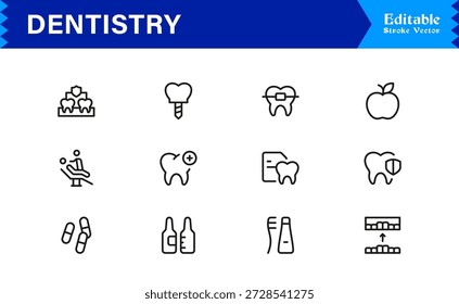 Professional Dentistry Line Icon Set with Modern Minimal Design, Editable Pixel Perfect Dental Symbols, Unique Oral Care and Medical Vector Icons for Healthcare Industry