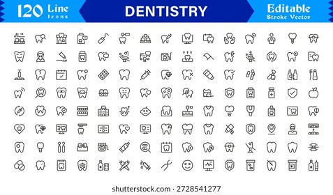 Professional Dentistry Line Icon Set with Modern Minimal Design, Editable Pixel Perfect Dental Symbols, Unique Oral Care and Medical Vector Icons for Healthcare Industry