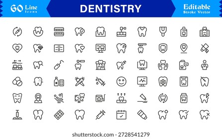 Professional Dentistry Line Icon Set with Modern Minimal Design, Editable Pixel Perfect Dental Symbols, Unique Oral Care and Medical Vector Icons for Healthcare Industry