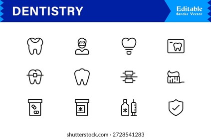 Professional Dentistry Line Icon Set with Modern Minimal Design, Editable Pixel Perfect Dental Symbols, Unique Oral Care and Medical Vector Icons for Healthcare Industry