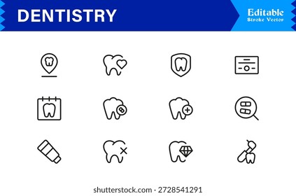 Professional Dentistry Line Icon Set with Modern Minimal Design, Editable Pixel Perfect Dental Symbols, Unique Oral Care and Medical Vector Icons for Healthcare Industry
