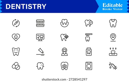 Professional Dentistry Line Icon Set with Modern Minimal Design, Editable Pixel Perfect Dental Symbols, Unique Oral Care and Medical Vector Icons for Healthcare Industry
