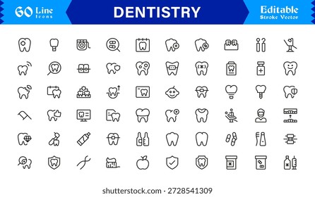 Professional Dentistry Line Icon Set with Modern Minimal Design, Editable Pixel Perfect Dental Symbols, Unique Oral Care and Medical Vector Icons for Healthcare Industry