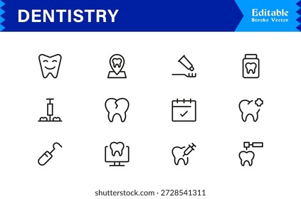 Professional Dentistry Line Icon Set with Modern Minimal Design, Editable Pixel Perfect Dental Symbols, Unique Oral Care and Medical Vector Icons for Healthcare Industry
