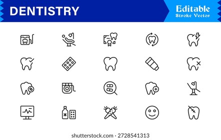 Professional Dentistry Line Icon Set with Modern Minimal Design, Editable Pixel Perfect Dental Symbols, Unique Oral Care and Medical Vector Icons for Healthcare Industry