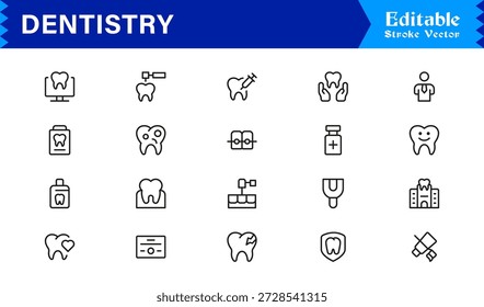 Professional Dentistry Line Icon Set with Modern Minimal Design, Editable Pixel Perfect Dental Symbols, Unique Oral Care and Medical Vector Icons for Healthcare Industry