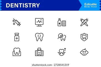 Professional Dentistry Line Icon Set with Modern Minimal Design, Editable Pixel Perfect Dental Symbols, Unique Oral Care and Medical Vector Icons for Healthcare Industry
