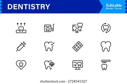 Professional Dentistry Line Icon Set with Modern Minimal Design, Editable Pixel Perfect Dental Symbols, Unique Oral Care and Medical Vector Icons for Healthcare Industry