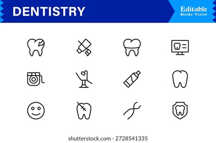 Professional Dentistry Line Icon Set with Modern Minimal Design, Editable Pixel Perfect Dental Symbols, Unique Oral Care and Medical Vector Icons for Healthcare Industry