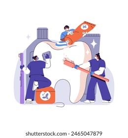 Professional dentists care about oral hygiene. Stomatologists cleaning teeth with brush, medical toothpaste. Dental treating, plaque removal, stomatology. Flat isolated vector illustration on white