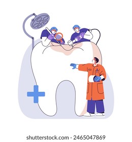 Professional dentists treating molar tooth from caries. Stomatologists care about oral health. Dental hygiene. Dentistry profession. Stomatology flat isolated vector illustration on white background