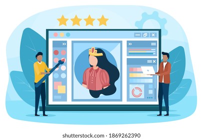 Professional design application. Creative process of a computer video design. Abstract concept of digital technology, programming and coding. Flat cartoon vector illustation